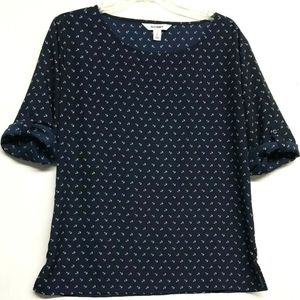 Women's Old Navy Blue Top With White Anchors Size Small Petite Roll Tab Sleeves